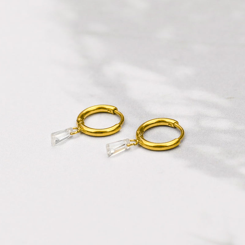 Tapered baguette glitter stone hoops stainless steel