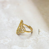 Gouden opengewerkt versierde ring met zijaanzicht gladde ring