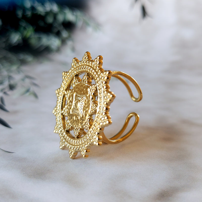 Verstelbare gouden ring met dubbele band met Azteken versieringen